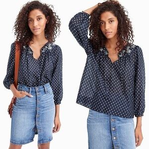 J. Crew Point Sur Embroidered Block Print Peasant Top